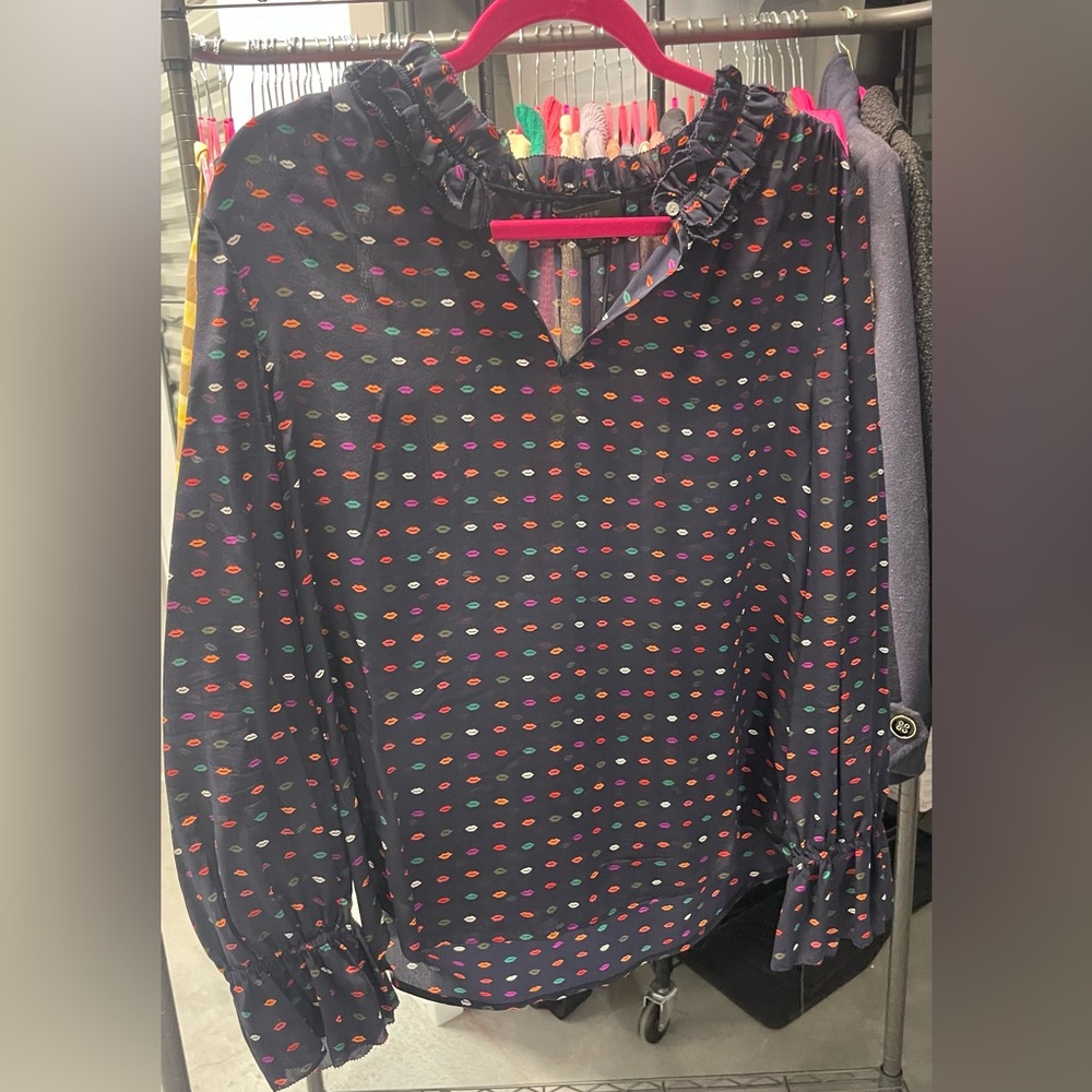 JCrew lip print long sleeve blouse